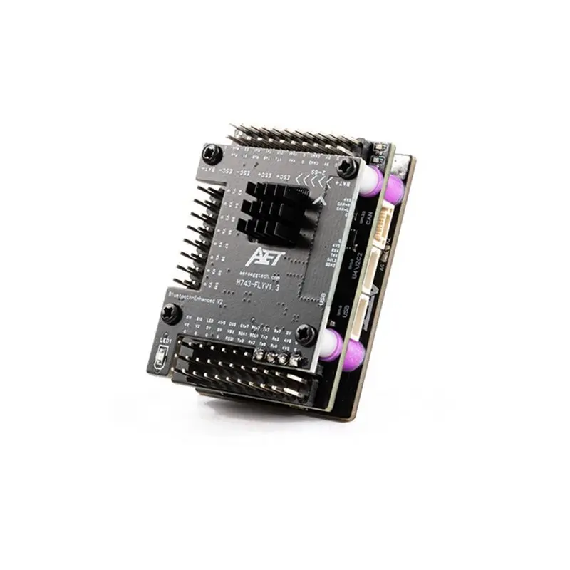 Côté du contrôleur de vol ABGI-H743-Basic avec ports USB et bouton de réinitialisation