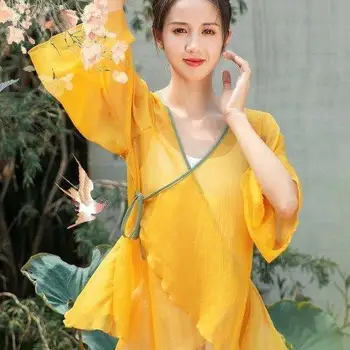 여성용 중국 클래식 댄스 거즈 드레스, 일상 연습 드레스, 흐르는 중국 국가 스타일 댄스 공연 상의 옷