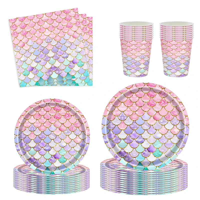 Mermaid Disposable Tableware Set Paper Plate Cup Napkin Tablecloth Kids Girls Little Mermaid Birthday Party Decoration Supplies