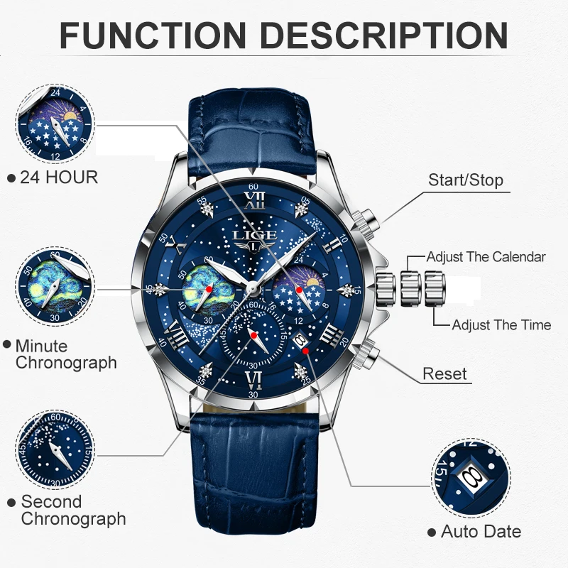 LIGE Classic Blue Leather Watch Men Fashion Business Men Watch Military Sport Waterproof Quartz Chronograph Relogio Masculino