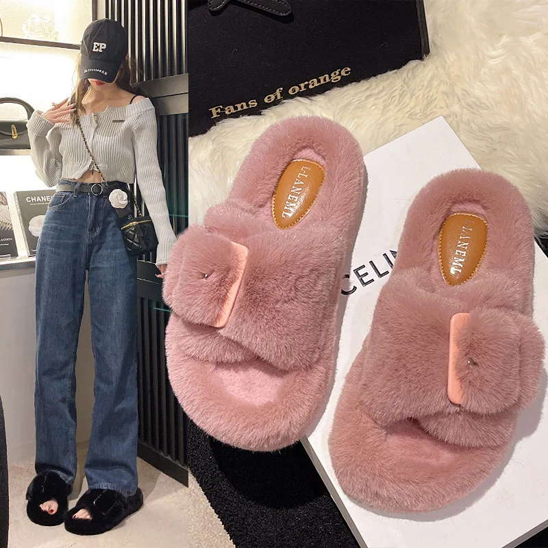 

2023 Autumn/Winter New One line Buckle with Velvet Lining for Fashion and Luxury Outwear Mesh Red Women's Plush Slippers