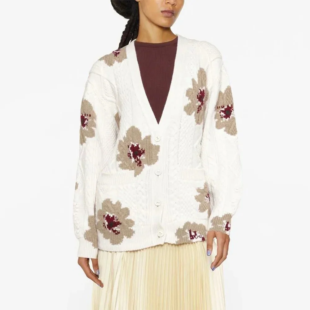 

NIGO Women's Autumn And Winter Floral Applique V-Neck Loose Long Sleeve Knit Cardigan Ngvp #nigo6914