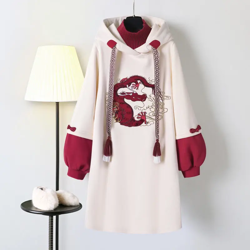 Winter Plus Size Dress Women's Chinese Traditional Style Hanfu Cheongsam Embroidered Tang Suit Hooded Sweatshirt Vestidos chinese dress
