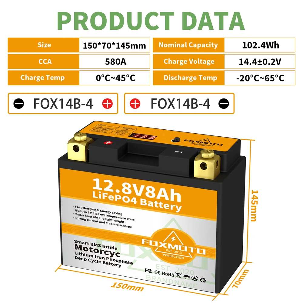 

FOX14B-4 12.8V 102.4Wh CCA 580A BMS Motorcycle Start Battery 12.8V Lithium iron Phosphate Scooter LiFePO4 Batteries YTX14B-4