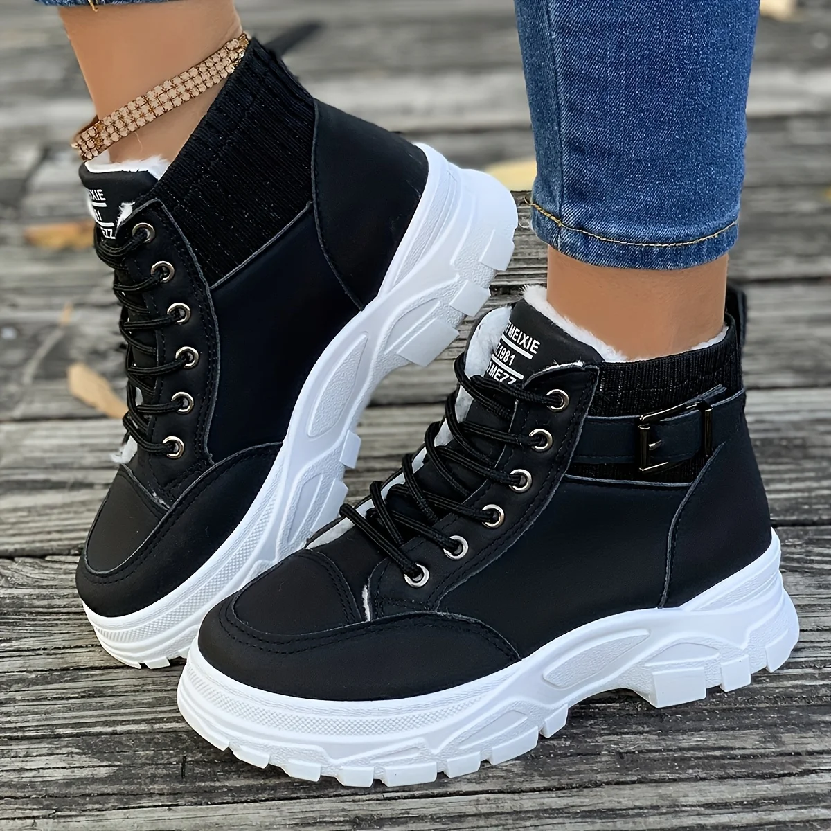 Women High Top Lace Up Buckle Boots