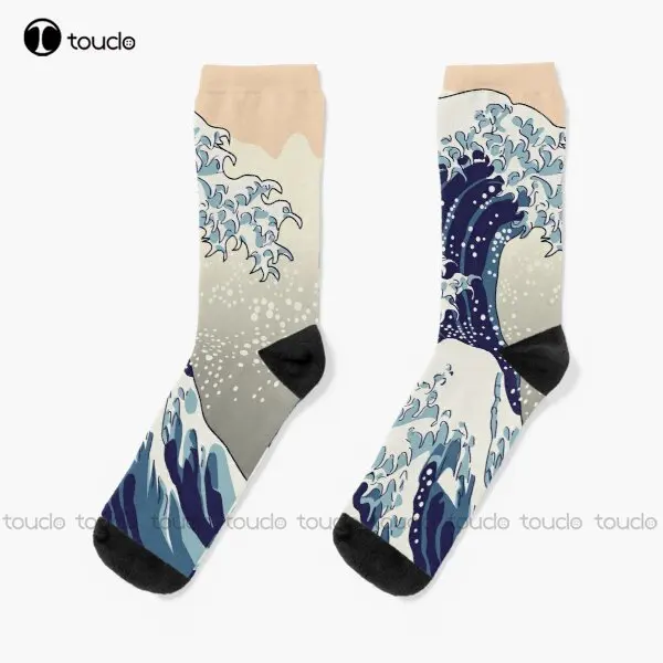 Фото Синие носки The Great Wave с цифровой копией Wave Sea Hokusai Kanagawa носки Молодежная уличная одежда 360 ° цифровая печать Gd хип-хоп ретро искусство №3