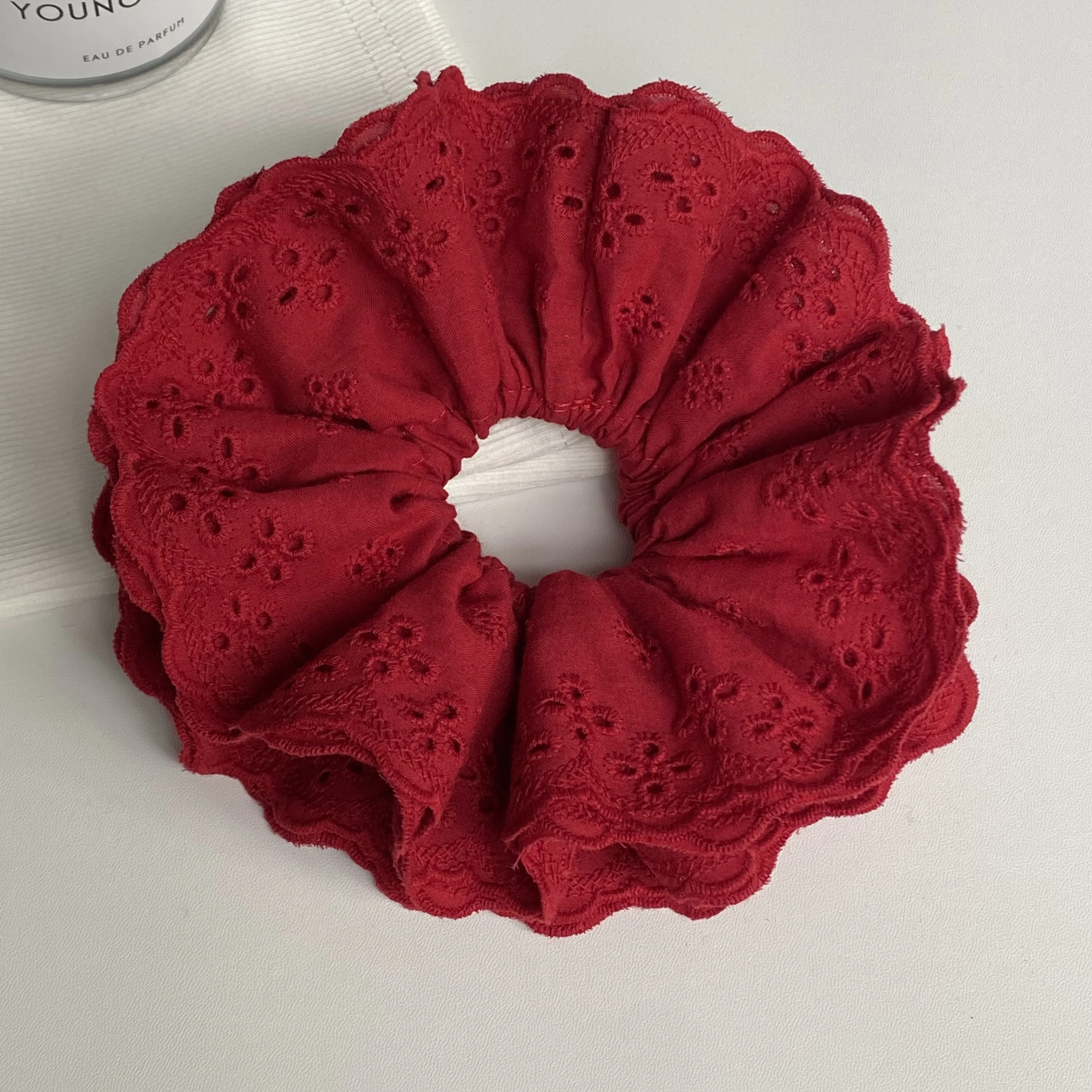1PC Large Red Lace Hair Scrunchie, Elegant Ruffled Hair Tie with Hollow - Out Design, Romantic Hair Accessory for Women