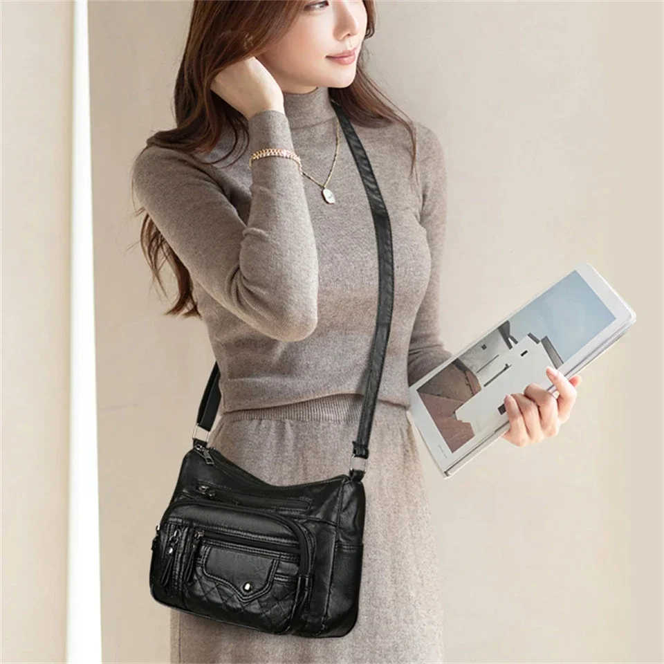 Fashion Soft Leather Crossbody Bags for Women Casual Female Multi Pocket Messenger Bags Retro Handbags Ladies Shoulder shoulder bag leather handbag pu handbag