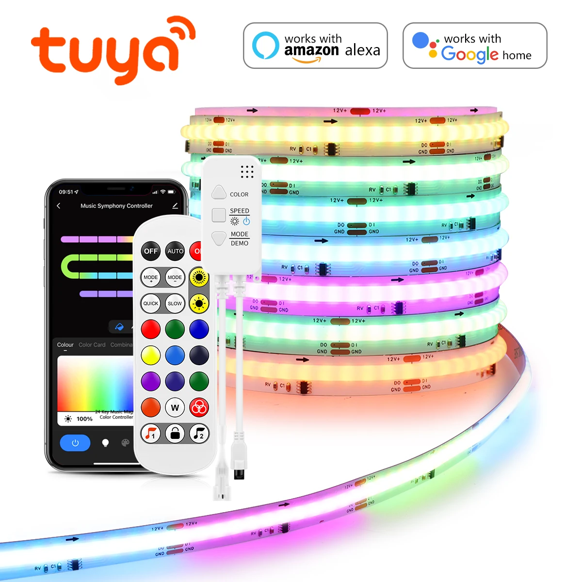 투야 와이파이 WS2811 주소 지정 가능 RGB IC COB LED 스트립 라..