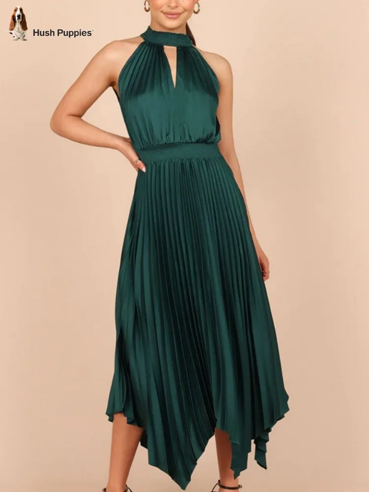 

Hush Puppies Ladies Chic Asymmetrical Pleated Summer Dress Elegant Halter Hollow Out Midi Women Dress Vintage Party Female Gown