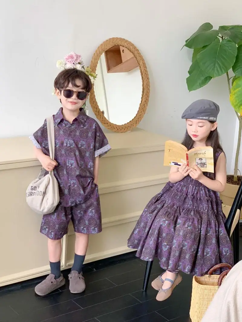 

Summer Baby Clothes Brothers and Sisters Sets T-shirt and Shorts Dress Loose Turn-down Collar Fashion New Pretty Print Retro