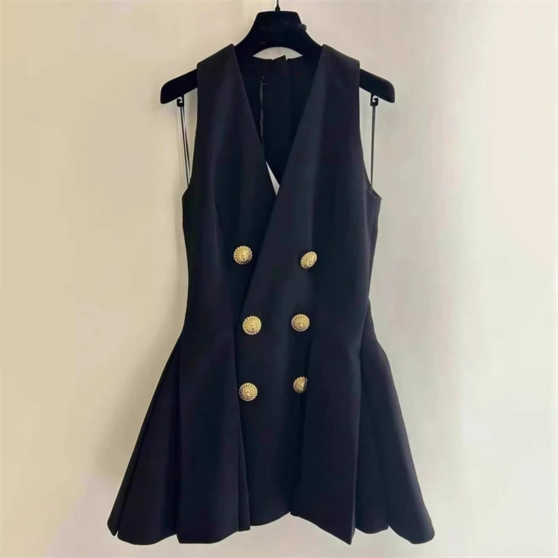 y2k summer women's V-neck metal double-breasted sleeveless A-line mini dress fashion retro casual girls dress women evening dress