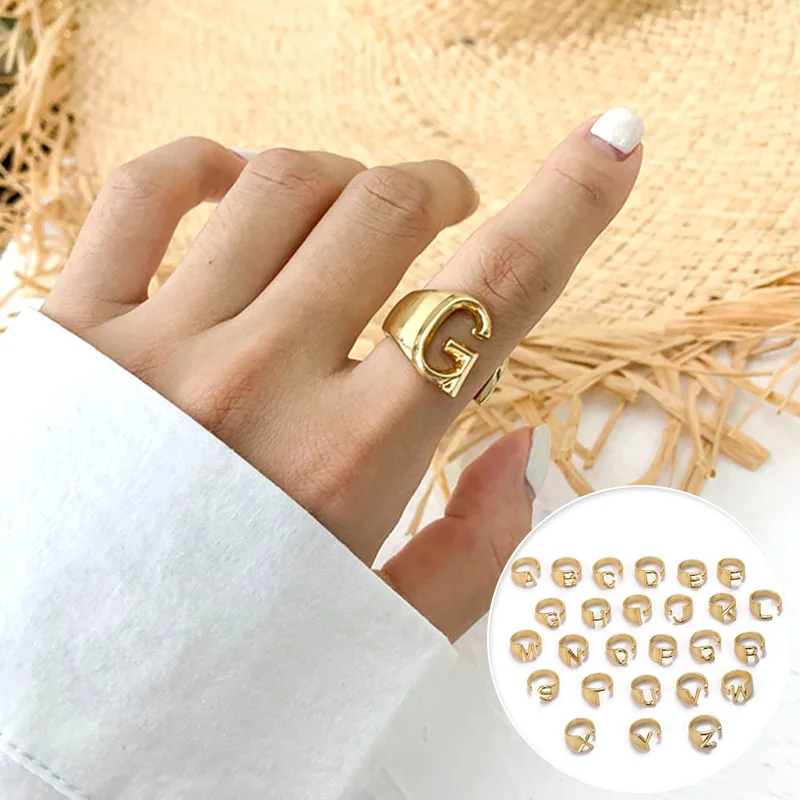 Hollow A Z Letter Gold Color Metal Adjustable Opening Ring Initials