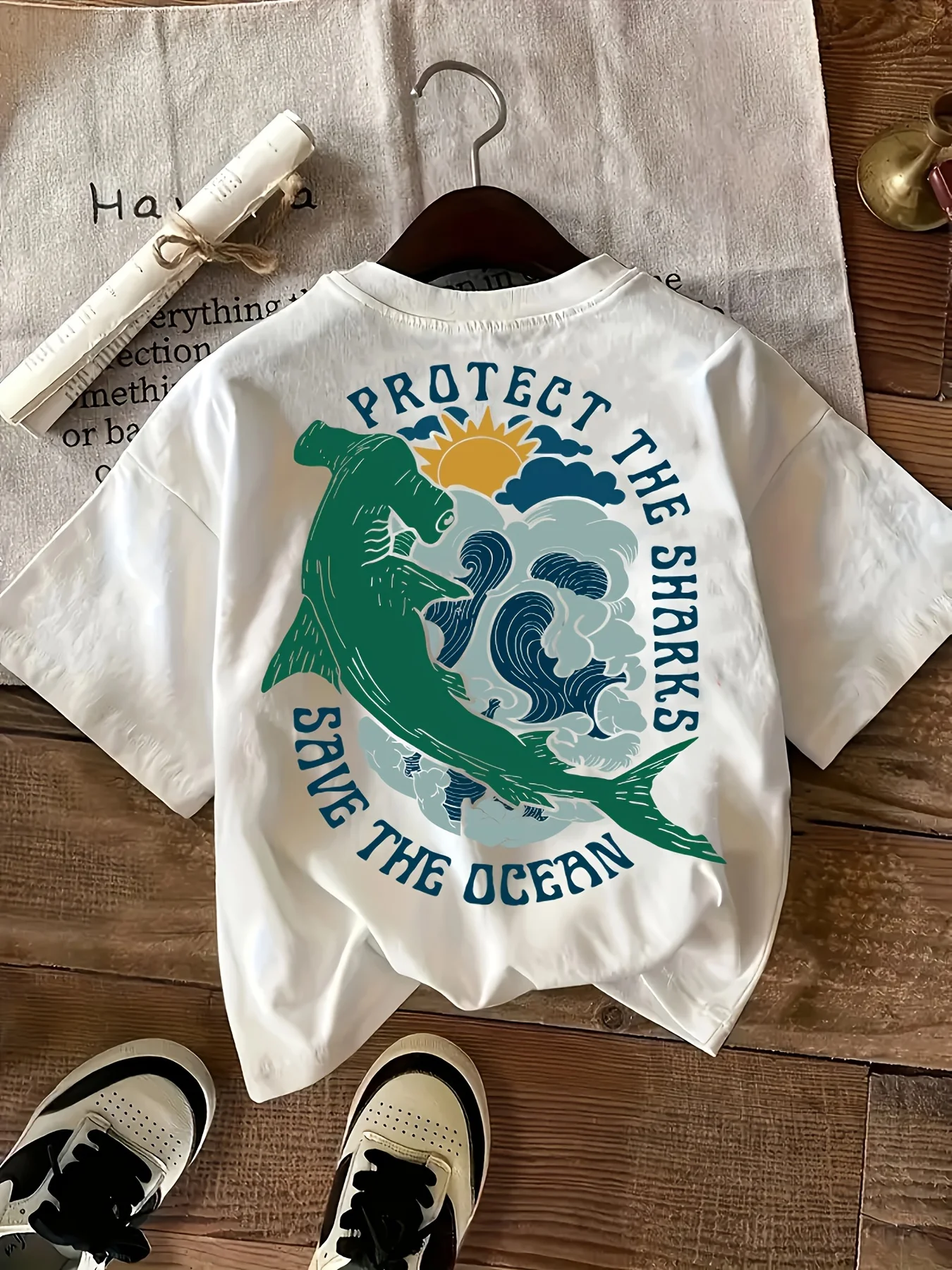 Protect The Sharks Save The Ocean T-Shirt für Damen und Herren, Sommer, lässig, Hammerhai-Grafik, kurzärmelig, locker, Harajuku-Strand-Top