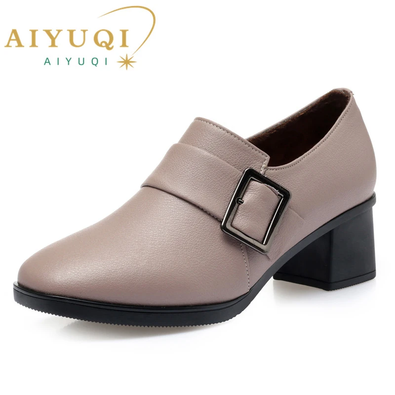 classic red pumps AIYUQI 2022 New Genuine Leather Women Fashion Shoes Mid Heel Large size  42 43 occupational office Women Singles Shoes womens penny loafer heels