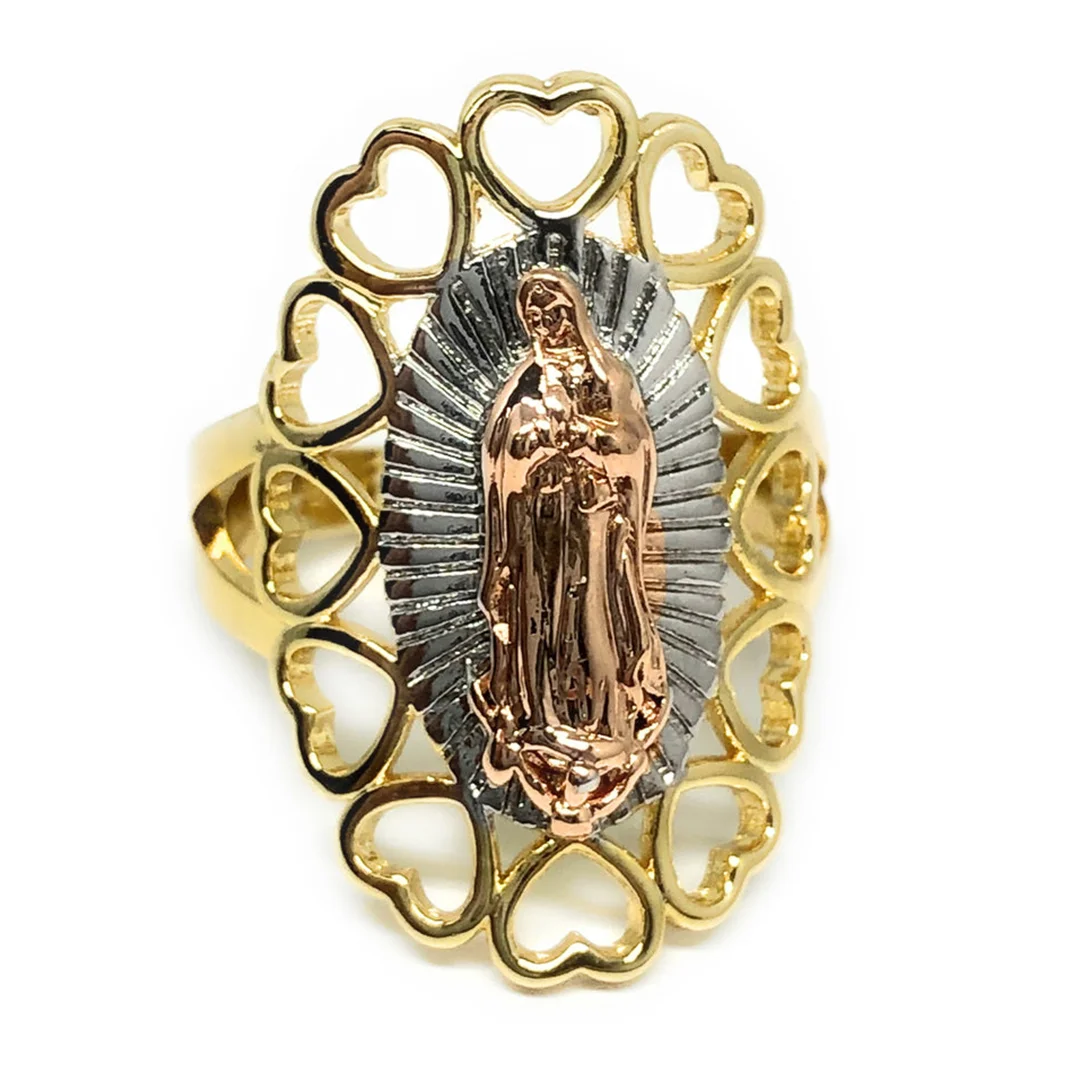 

TRI-COLOR GOLD PLATED VIRGIN MARY HEART RING VIRGEN DE GUADALUPE CORAZON ANILLO TRES COLORES