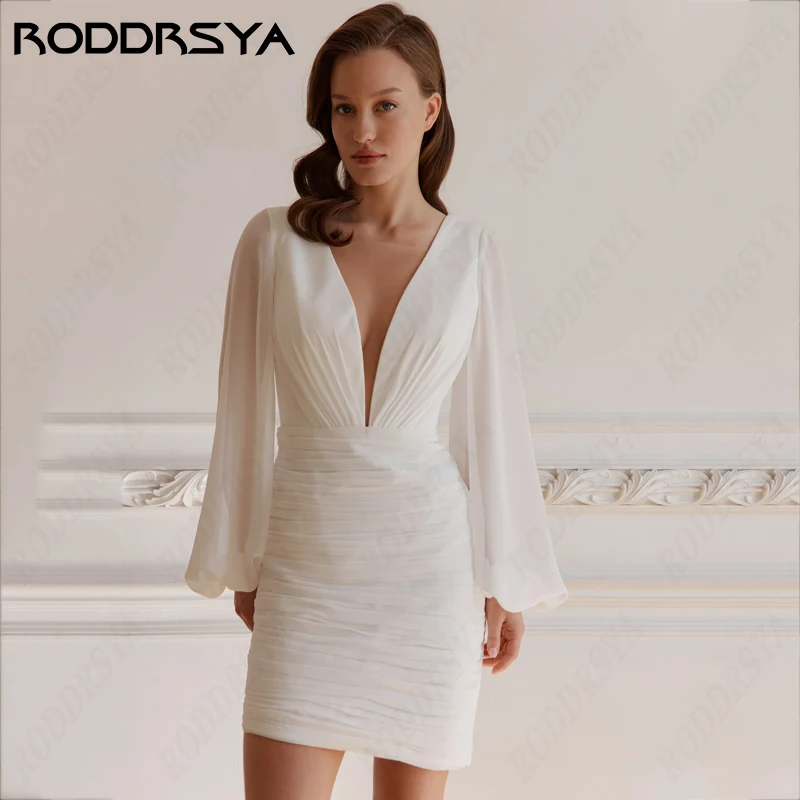 Wedding Dress For Women Short Mini Long Sleeve Deep V-Neck Backless Chiffon Robe Mariage Femme