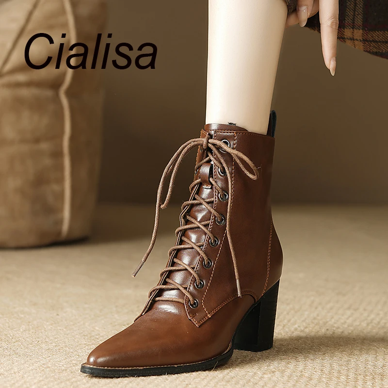 

Cialisa Sexy Pointed Toe Short Boots For Women Autumn Winter Genuine Leather Lace Up Zipper High Heel Shoes Ankle Boots 40 Black