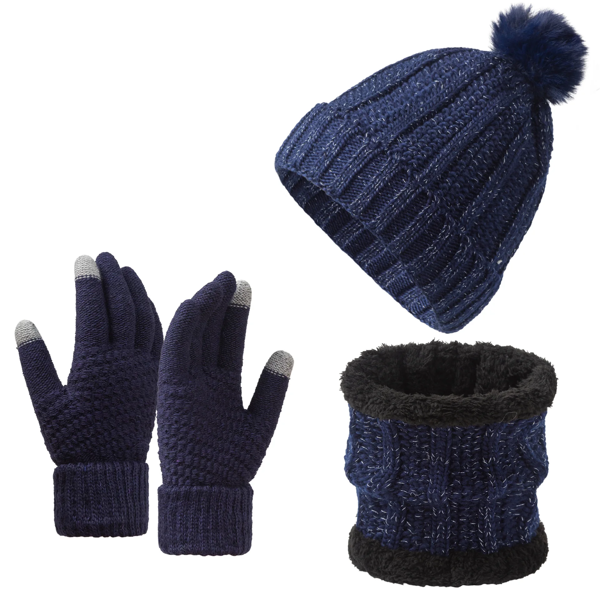 3Pcs Winter Knitted Beanie Hat Scarf Gloves Set Fleece Lined Pom Pom Hat Touchscreen Gloves Neck Warmer for Women Men Outdoor
