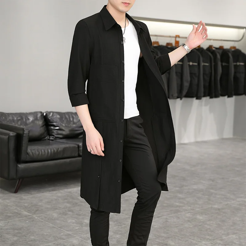 Summer Thin Men's Zipper Casual Cardigan 7/4 Sleeve Trench Coat Pocket Decoration Solid Color Open Front Korean Style