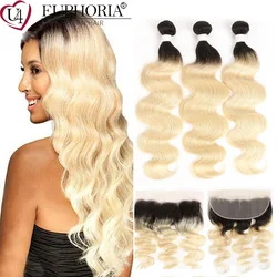 Honey Blonde 1B 613 Body Wave Brazilian Remy Human Hair 3 Bundles With Lace Closure Frontal Blonde Bundles With Frontal EUPHORIA