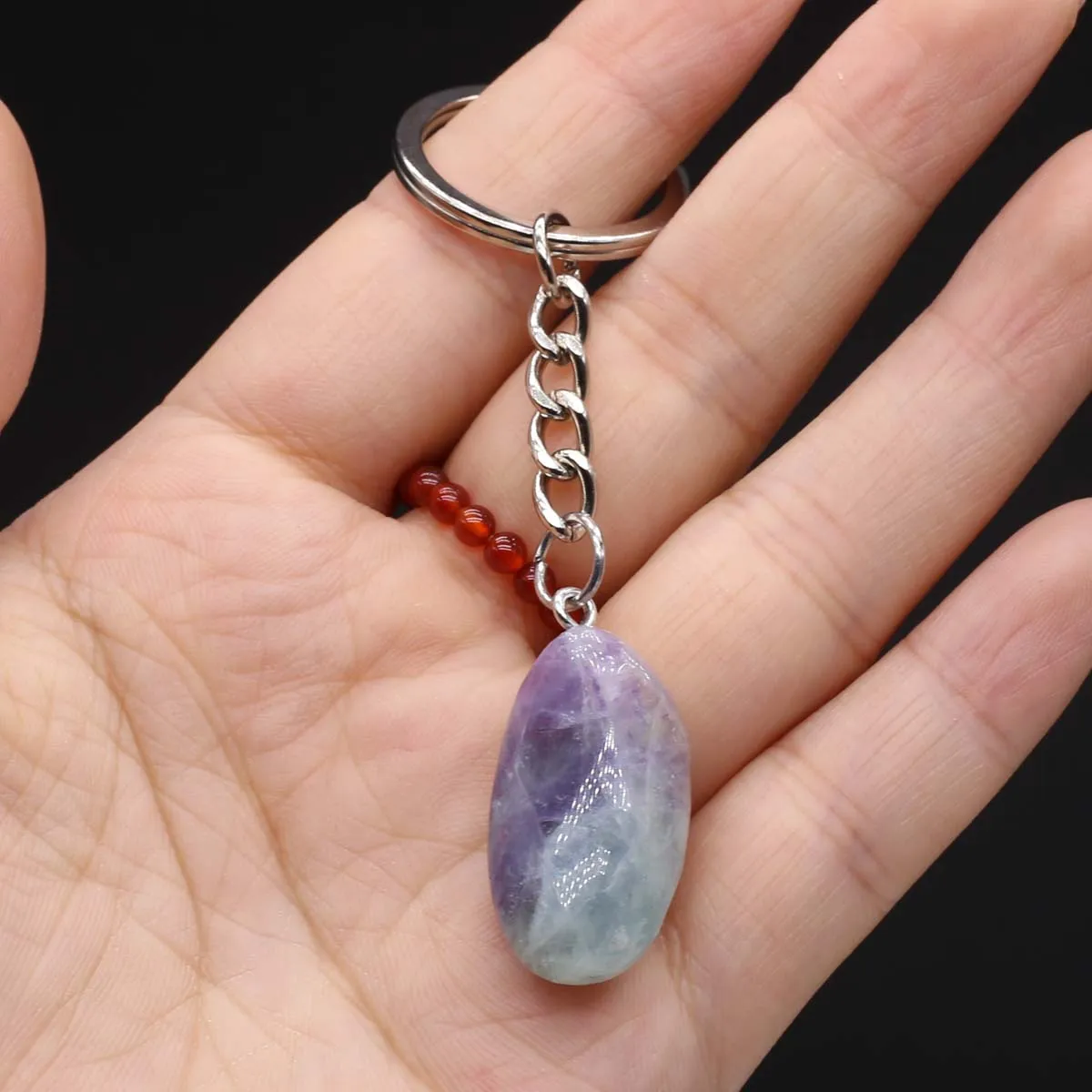 2 יחידות מחזיקי מפתחות מאבני קריסטל טבעיות מפלדת אל-חלד מחזיק מפתחות לאופנוע תליון אביזר קריסטל רייקי מחזיק מפתחות לתיק יד