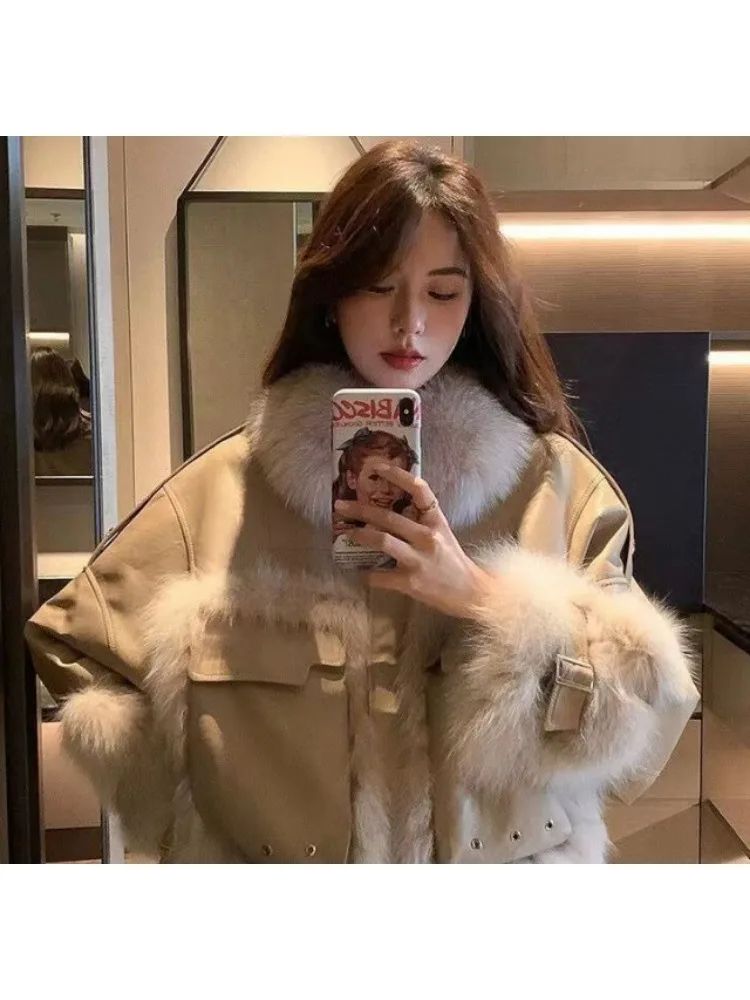 Woman Clothing New Women\'s Leather Imitation Fox Fur Coat 2023 Winter Short Motorcycle Coat Faux Fur Coat Jackets for Women