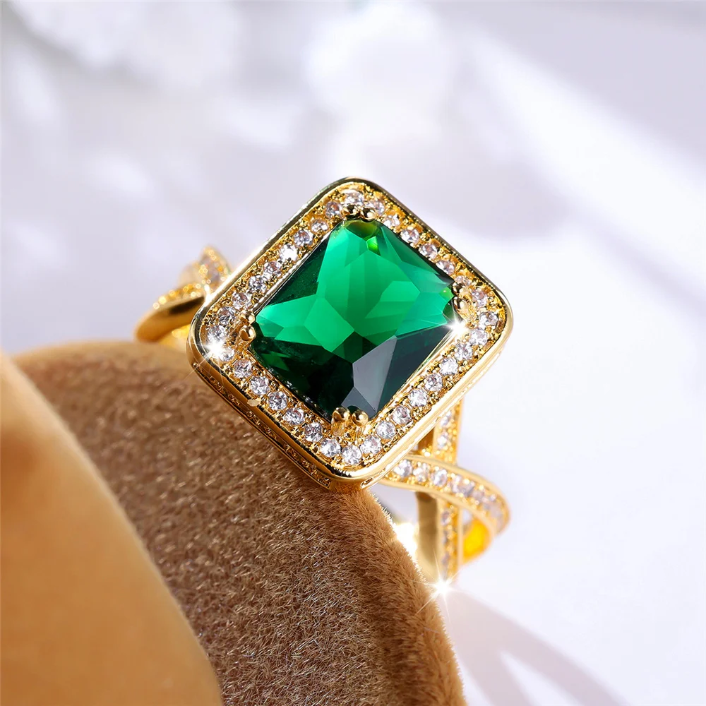Cute Female Green Stone Square Ring Vintage Yellow Gold Color Wedding Jewelry For Women