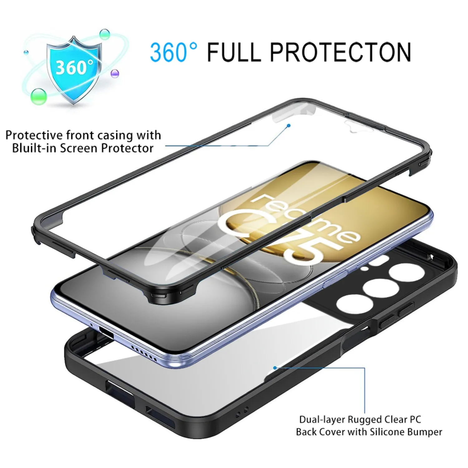 360° Shockproof Transparent Phone Case with Built-in Screen Protector and Anti-Drop Bumper Cover