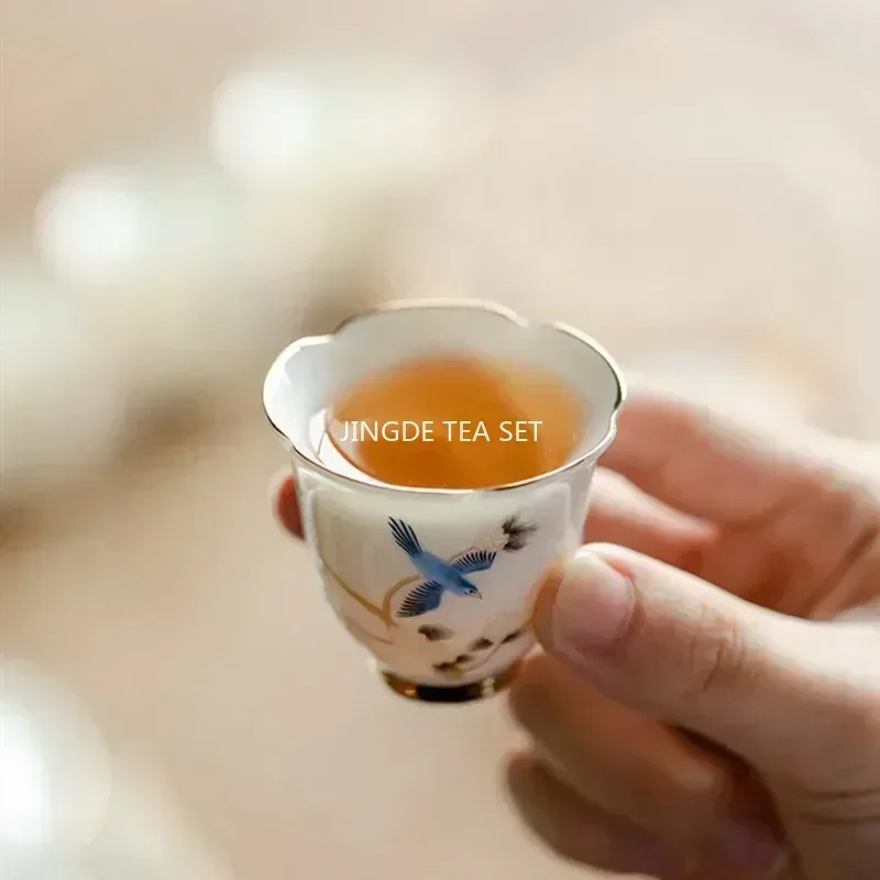 40ml Chinese Ceramic Teacup Master Handmade Suede Jade White Porcelain Tea Bowl Hand-Painted Bird Tea Cup Household Tea Set