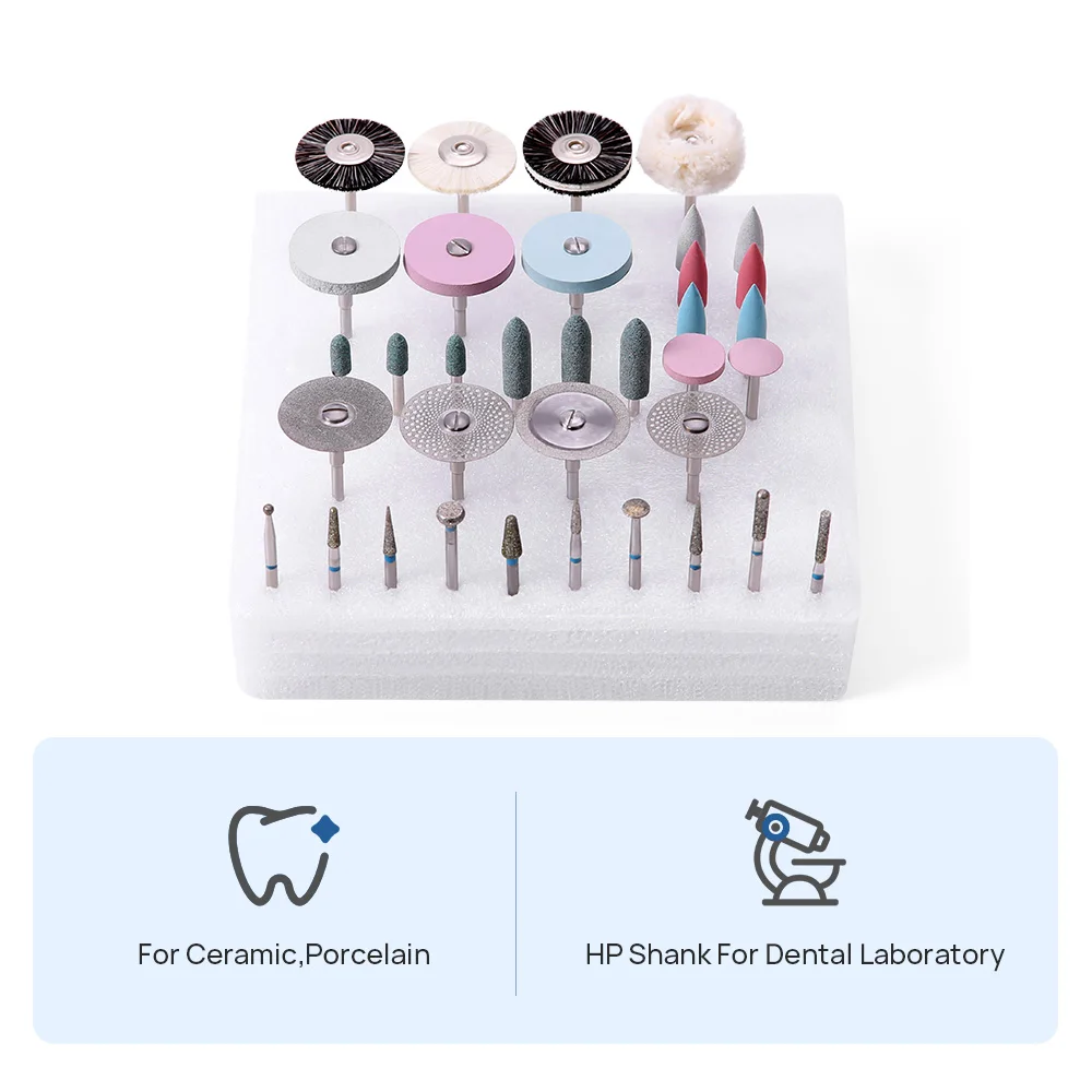 AZDENT 35PCS/Box Dental Lab HP Polishing Kit 2.35mm Polisher Brushes for Grinding Ceramic Porcelain Diamond Burs Disc Low Speed
