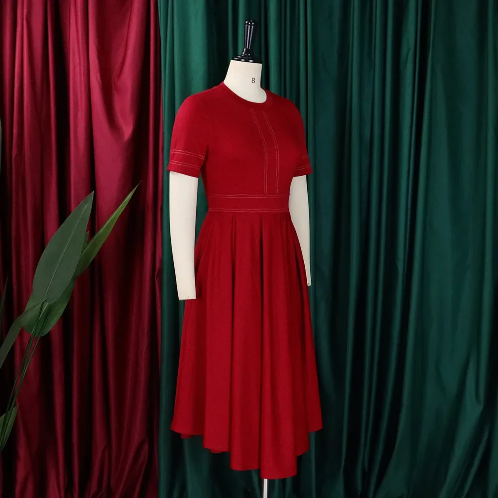 Elegant Plus Size Wine Red A-Line Midi Dress – Semi Formal casual midi dress