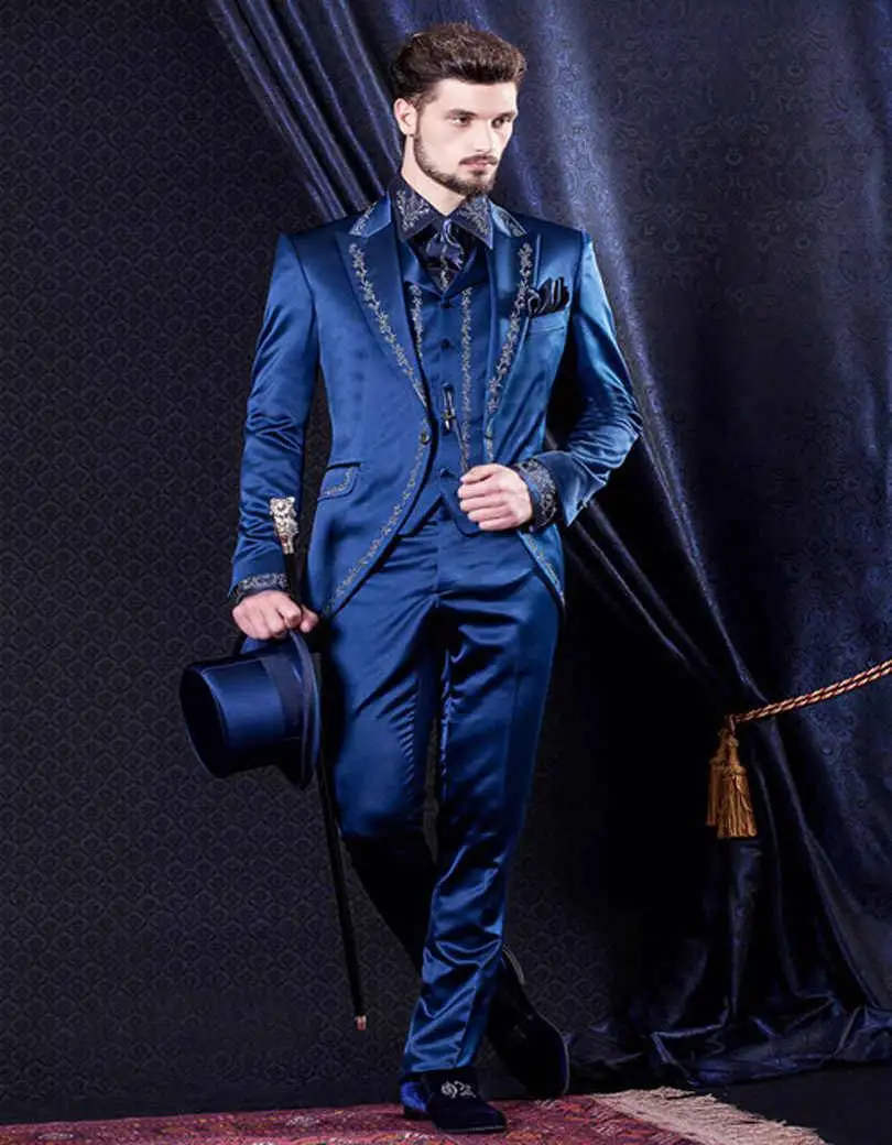 Embroidery Tuxedo Groom Men Suits Black Groomsman Best Man Wedding Prom Suit