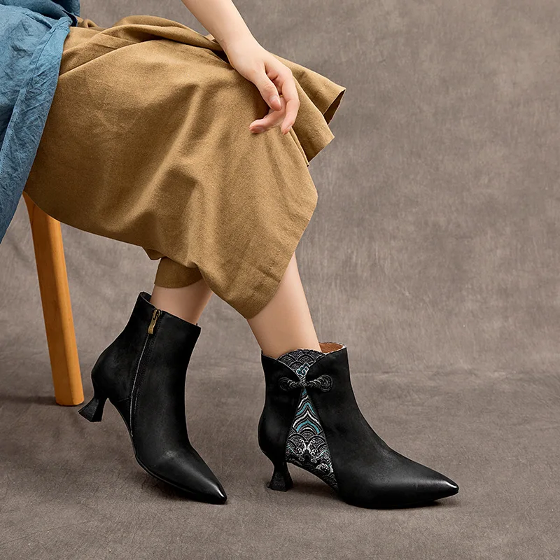 

5cm Genuine Leather Women Spring Autumn Luxury Authentic Chimney Platform Designer Fashion Embroider Ankle Boots Fashion Shoes