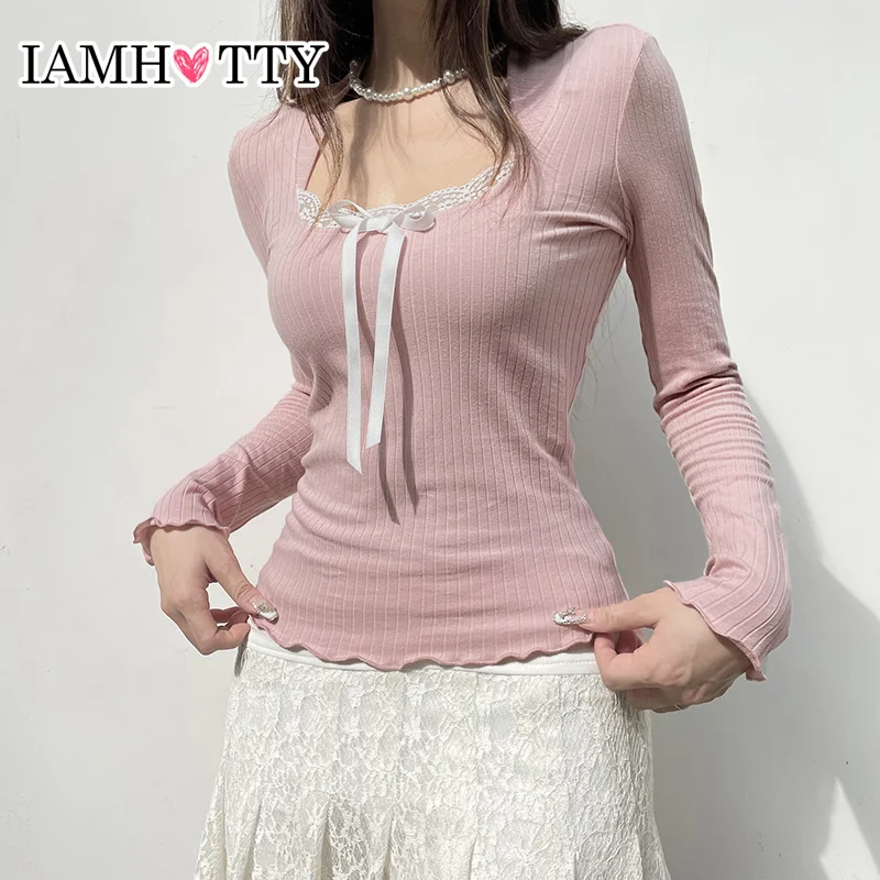 

IAMHOTTY Sweet Lace Patchwork Bow Knitted Top Pink Coquette Aesthetic Slim-fit T-shirts Autumn Cute Casual Basic Knitwear Women