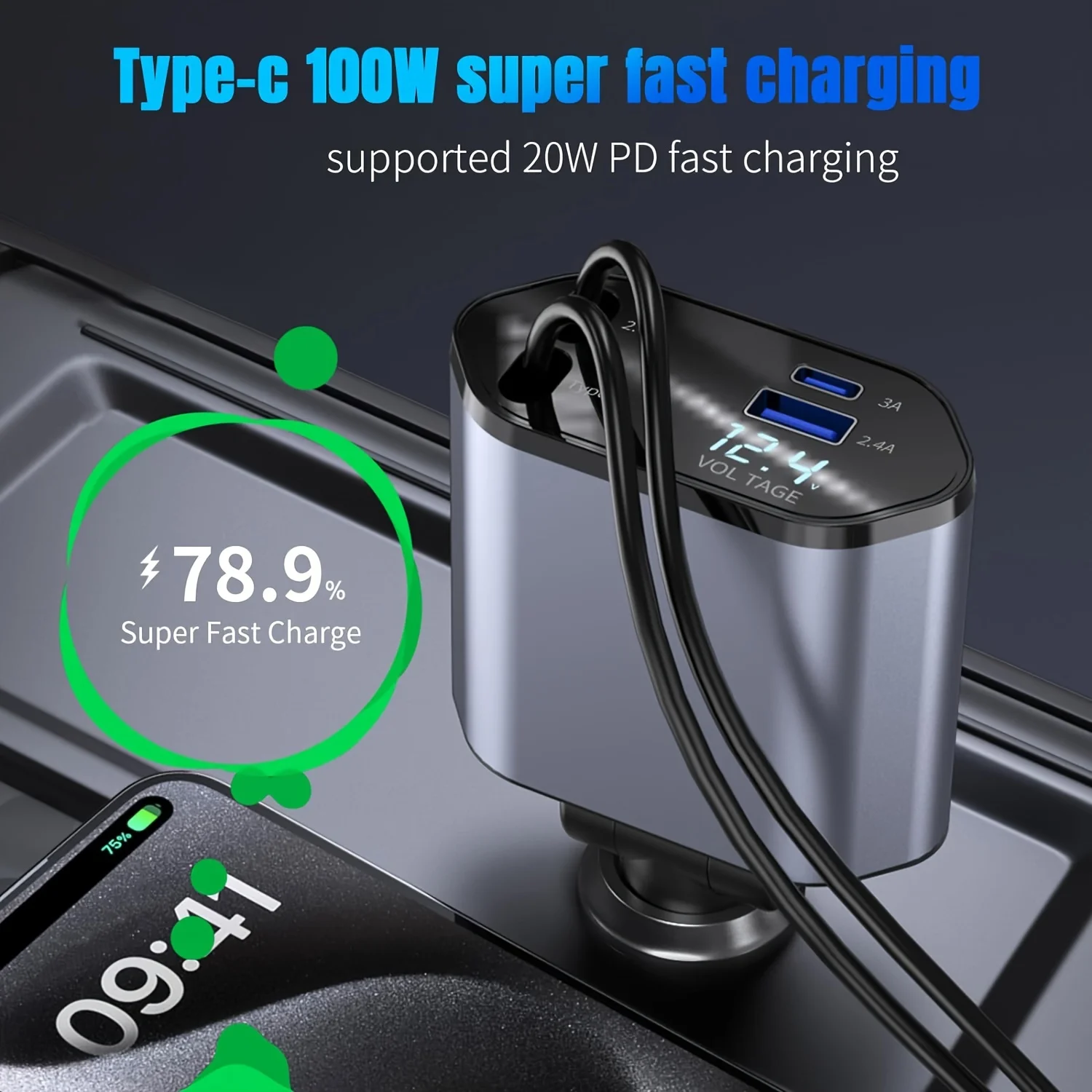 Retractable Car Charger, 4 in 1 Fast Charging Car Charger 120W, Retractable Cable and 2 USB Ports Car Charger Adapter Compatible