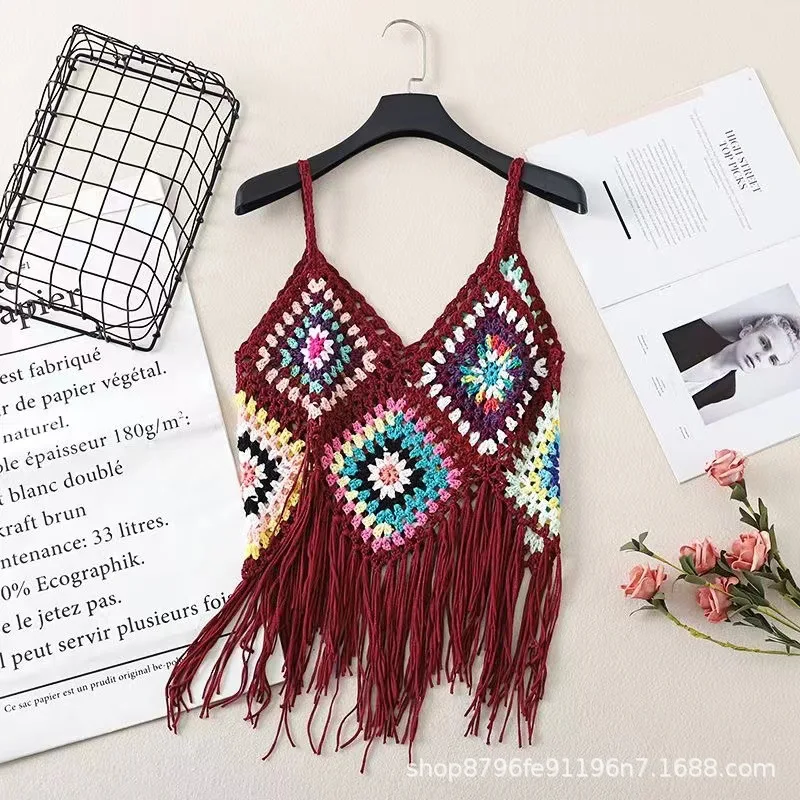 Tassel vest suspender women summer Yunnan ethnic style women's clothing retro embroidery loose V-neck travel hollowed out shirt