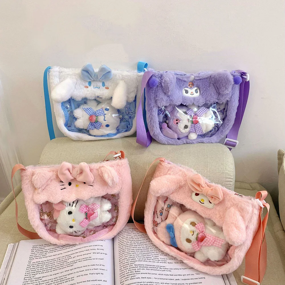 Sanrio PVC Transparent Plush Bag Cute Cartoon Doll Handbag Plush Toy Satchel Tote Accessories Shoulder Bag Kawaii Furry Backpack