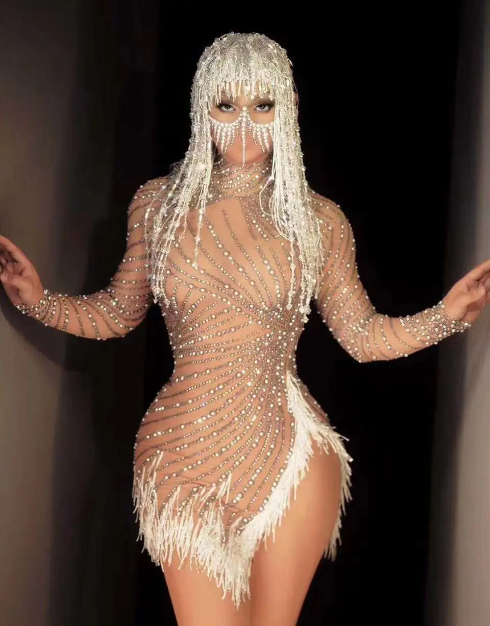 

Women Hot Sale Rhinestone Beaded Tassels Long Sleeve Stretch Sexy Split Tight Dress Occidental Banquet Party Dress