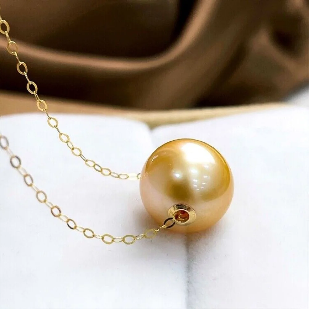 

HUGE New Stunning AAAA+++ 11-12MM SOUTH SEA GOLD S925 Sterling Silver Pearl Pendant Necklace Fashion Style Round Beads 18IN