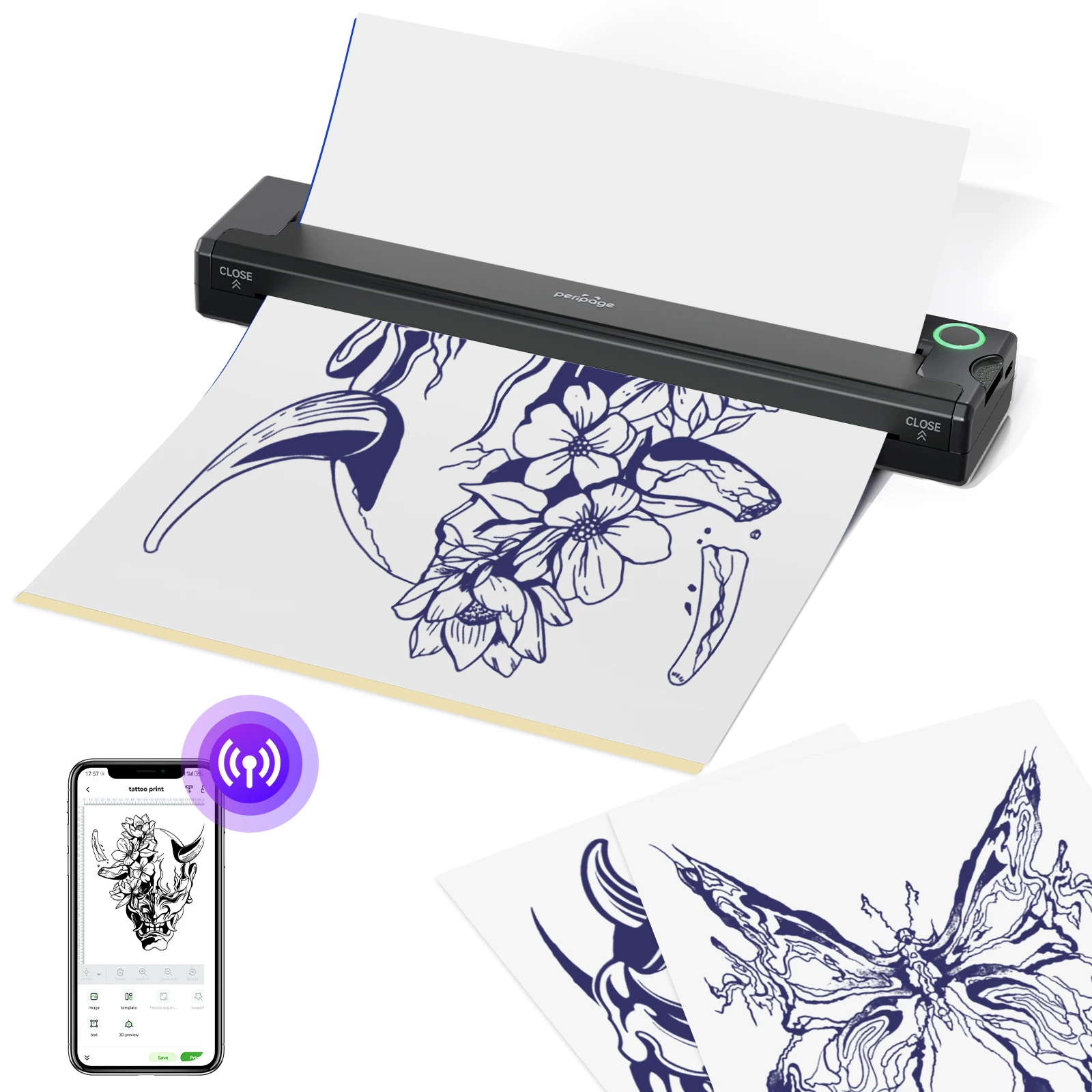 Stampante termica per stencil per tatuaggi PeriPage P90, macchina per tatuaggi wireless con carta trasferibile gratuita da 5 pezzi - Compatibile con telefono e PC