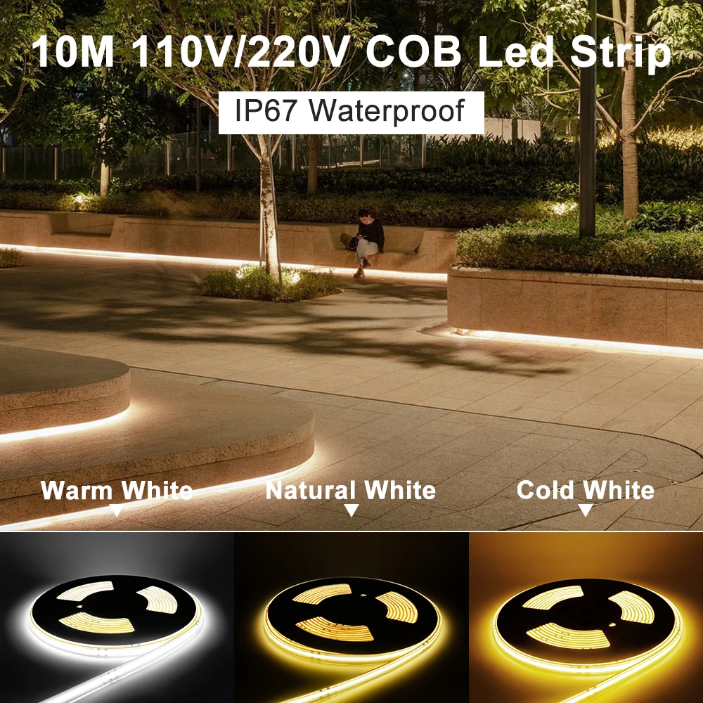 Диммируемая Светодиодная лента COB, 1-50 м, 110 В/220 В, CRI 90, IP67, водонепроницаемая высокая гибкая неоновая фотолента для наружного декоративного освещения