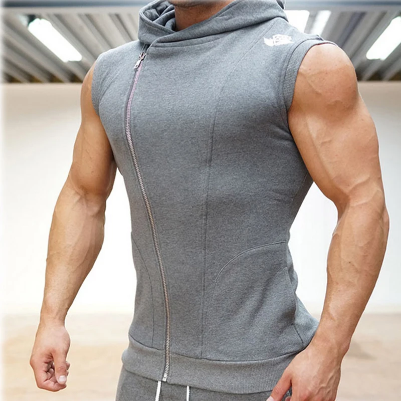 Men's Fashion Fitness Gyms Tank Top Male Sleeveless Vest Breathable Hooded Training Clothing Zipped Workout Running Sportswear