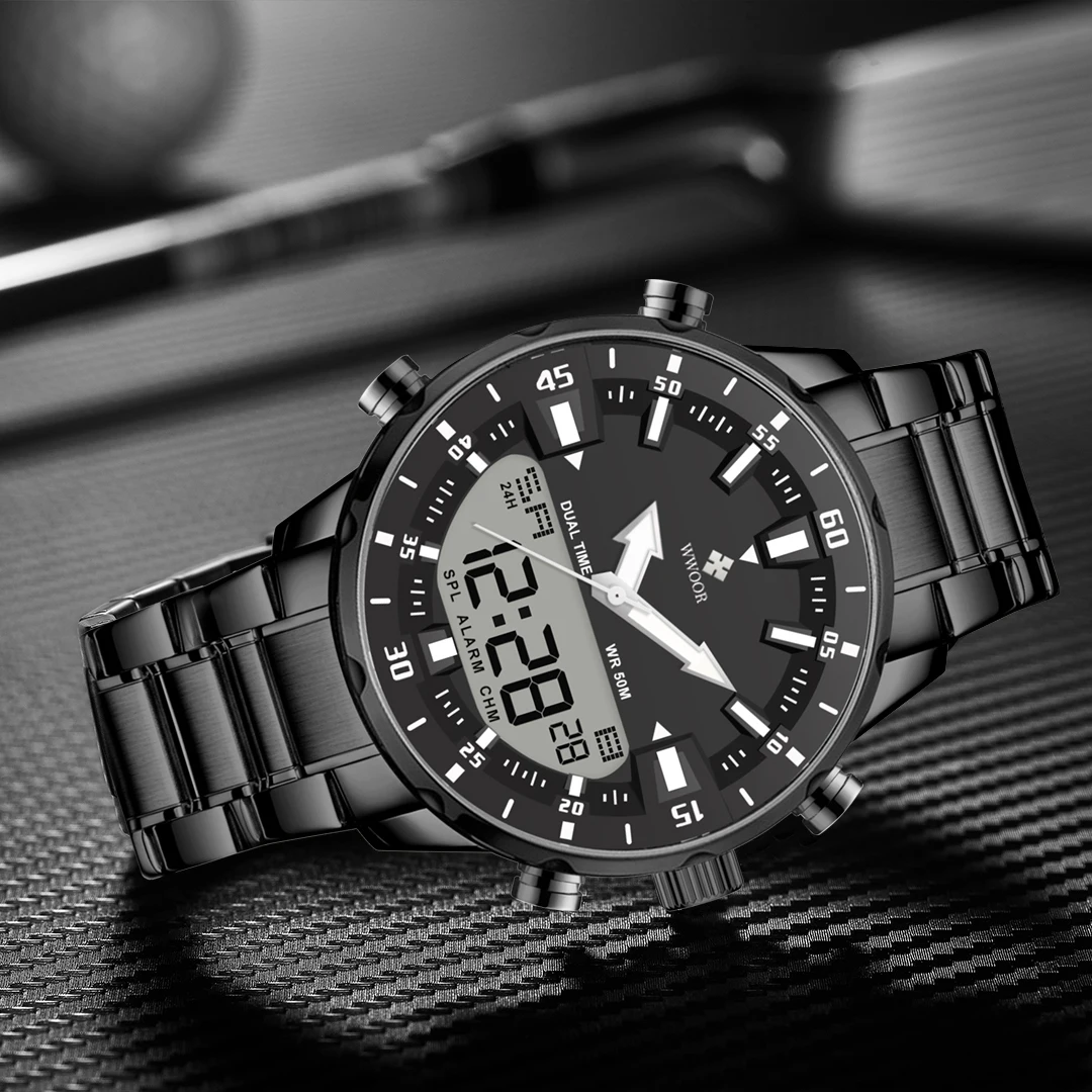 WWOOR Fashion Men's Watches Luxury Original Quartz Digital Analog Sport Military Wrist Watch For Man Waterproof Steel Male Clock
