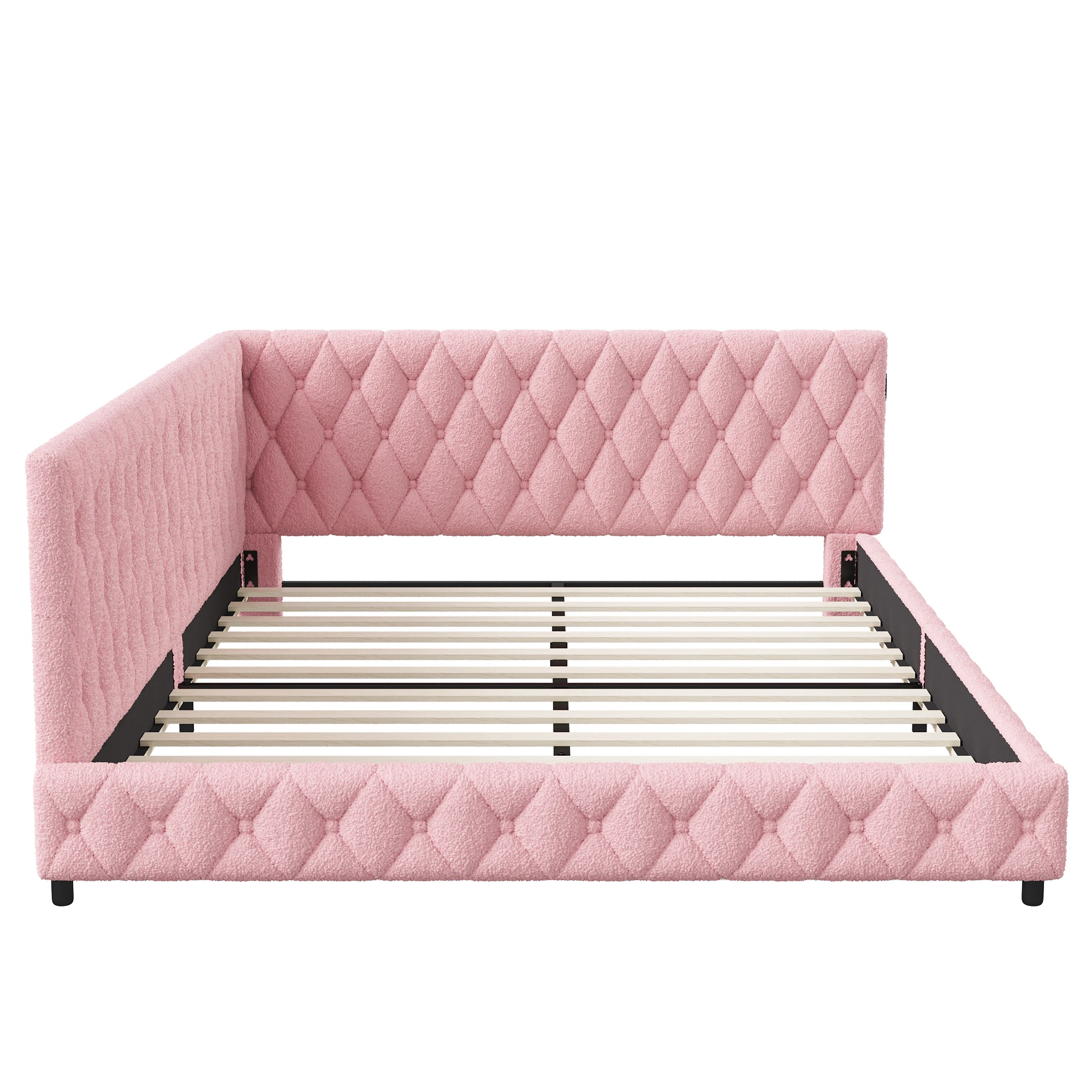 Superaly 140x200cm Polsterbett, L-förmiger Bettrahmen, Jugendbett mit LED-Beleuchtung und USB-Ladefunktion, Teddy-Samt, Rosa – Detail 11