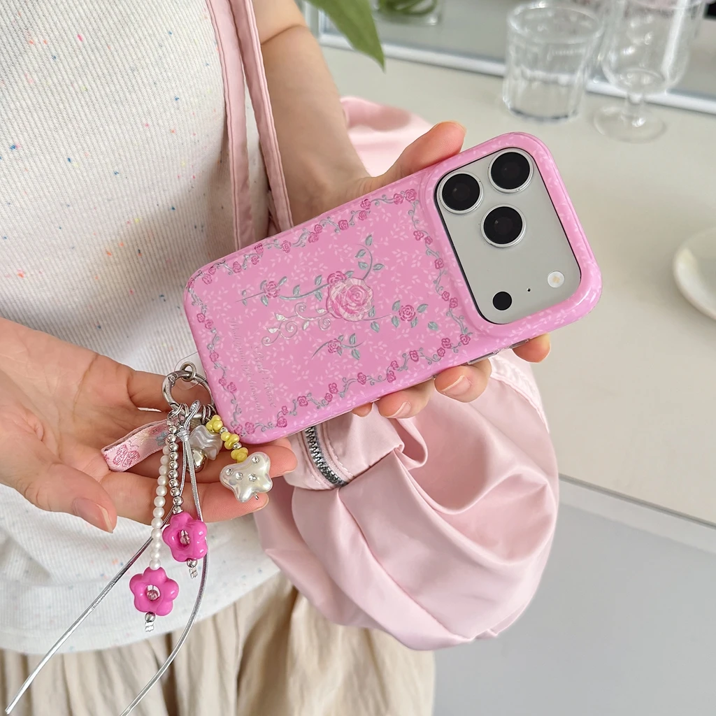 Sweet Pink Rose Flower Glossy Pendant Shockproof Protective Phone Cover Case