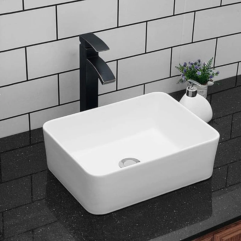Vessel Sink Rectangular 16"x12" Modern White Bathroom Sink Rectangle Above Counter Porcelain Ceramic Vessel Vanity Art Basi, bathroom sink