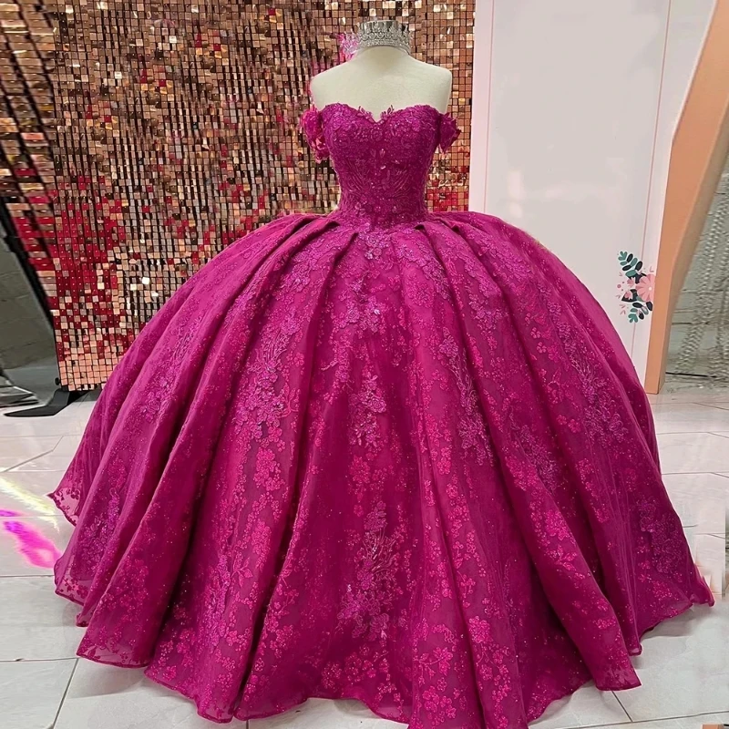 

Rose Red Quinceanera Dresses Mexican Sweetheart Puffy Lace-Up Corset Off Shoulder Applique Luxury Lace princess Vestidos De XV
