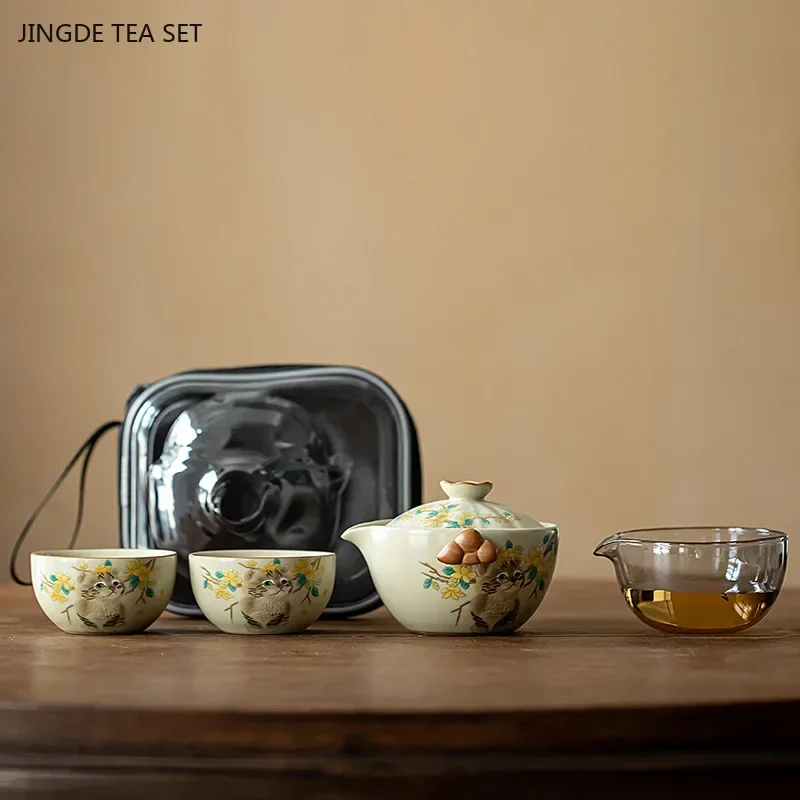 5pcs Ru Kiln Ceramic Tea Set Portable Beauty Gaiwan Custom Tea Pot and Cup Set Outdoor Travel Tea Pot Exquisite Filter Teapot