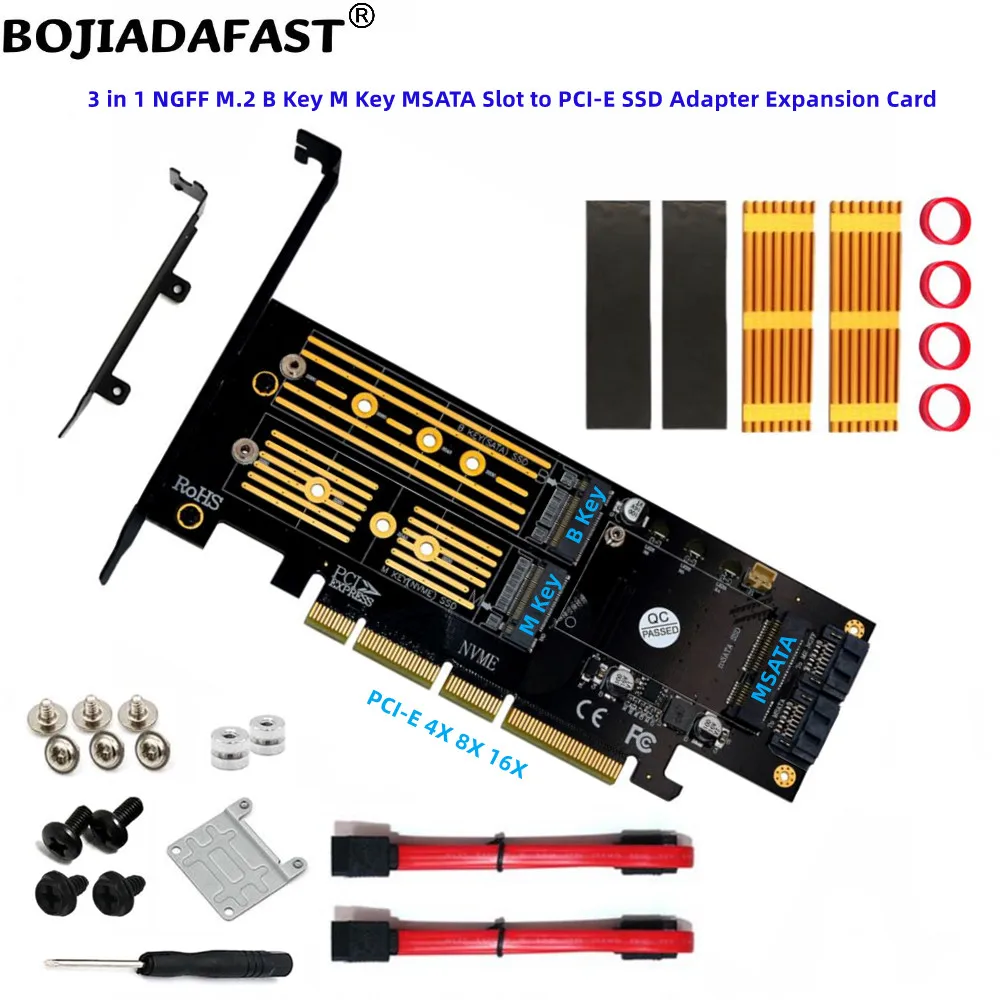 

3 In 1 PCI Express PCI-E 3.0 16X 8X 4X to M.2 NGFF NVME / SATA Solid State Drive Msata SSD Converter Adapter Card With Heatsink